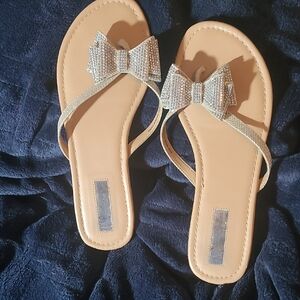 INC International Concepts Silver Tan Sandals with Glitter Bow